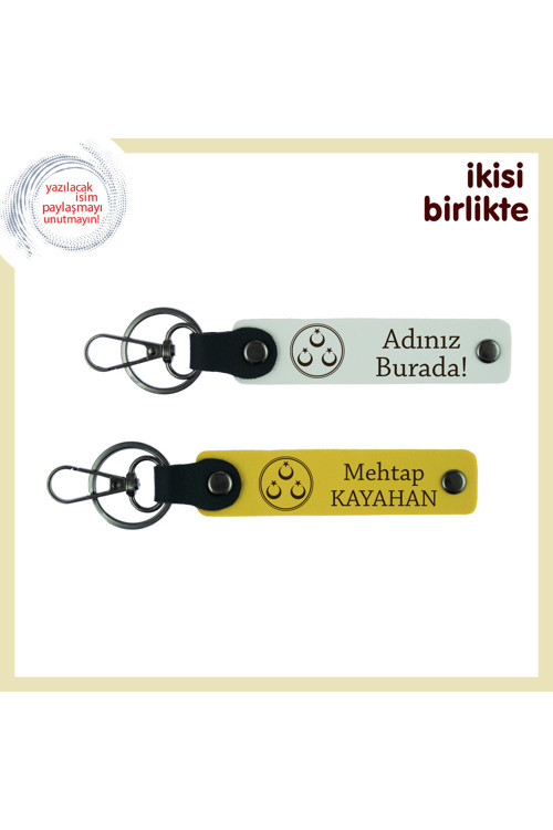 Asker Adayına Veda Hediyesi – Üç Ayyıldızlı, İsme Özel 2’Li Anahtarlık Seti, Beyaz-Sarı