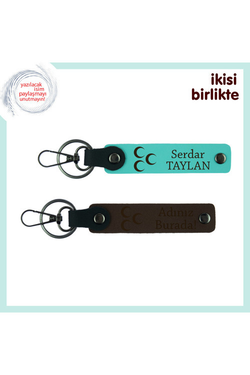 Sevdiğinle Paylaşılacak Anlamlı Set – Üç Hilal Temalı Deri Anahtarlık, Turkuaz-Kahve