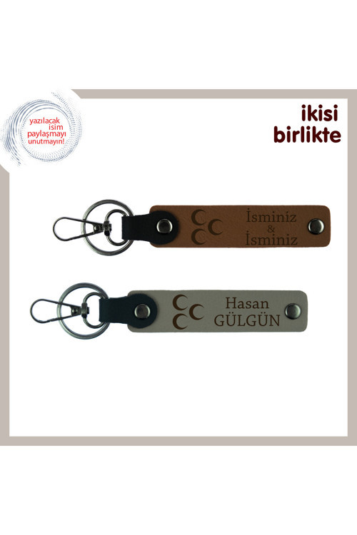Çiftlere Anlamlı Hediye, Üç Hilal Desenli İsim Soyisim 2’Li Anahtarlık, A Kahve-Kül Gri