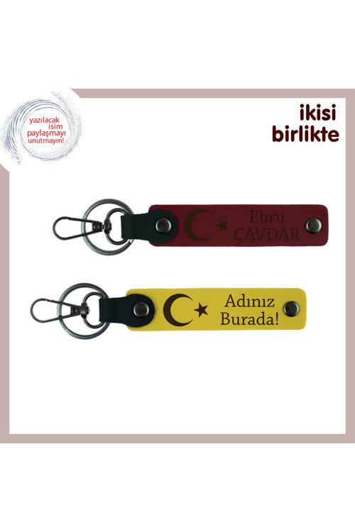 Eşe Verilebilecek Anlamlı Hatıra – Ay Yıldız Ve İsimli 2’Li Deri Anahtarlık, Bordo-Sarı