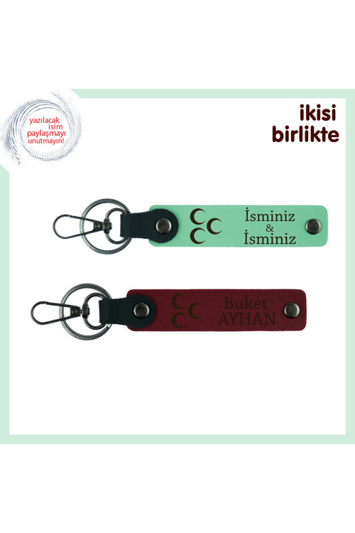 Sade Şıklıkta Anlam Yüklü Hediye, Üç Hilal Temalı İsimli 2’Li Anahtarlık, Yeşil-Bordo