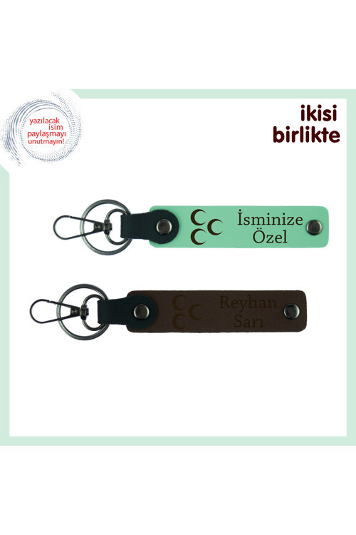 Yeni İşe Başlayanlara Tebrik, Üç Hilal Desenli İsimli 2’Li Anahtarlık, Açık Yeşil-Kahve