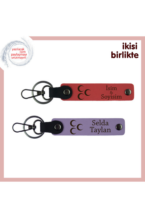 Eşe Anlamlı Hediye – Üç Hilal Temalı Kişisel Deri Anahtarlık Seti 2'Li, Nar Çiçeği-Mor