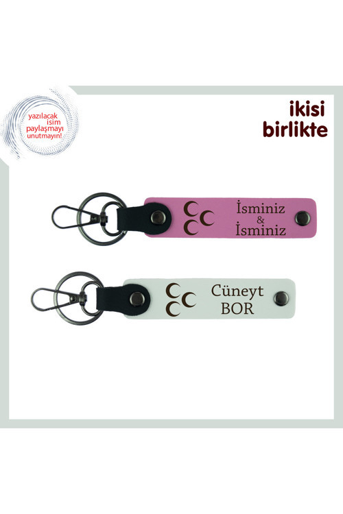 Kuzene Şık Hatıra – Üç Hilal Temalı Kişiselleştirilebilir Anahtarlık, Pembe-Beyaz