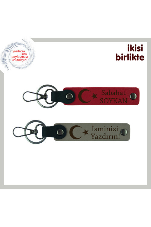 Ay Yıldız Motifli Deri Anahtarlık Seti – Üzerine İsim Yazılabilir Hediyelik, Kırmızı-Kül Gri