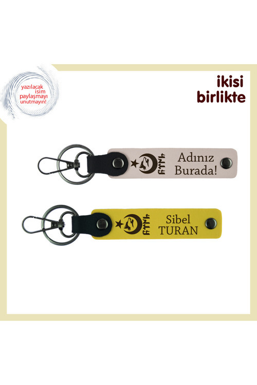 Vatan Sevgisiyle Harmanlı Hediye, Ayyıldız Kurt Göktürklü İsim Yazılı Özel Anahtarlık, Pudra-Sarı