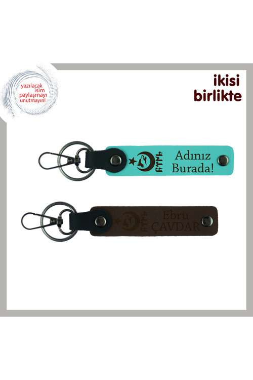 Sevdiğinle Paylaşılacak Anlamlı Set – Ayyıldız Kurt Göktürk Temalı Deri Anahtarlık, Turkuaz-Kahve