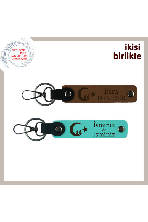 Doğum Gününe Özel, Çocuk Ve Ayyıldız Desenli Kişisel İsimli 2’Li Anahtarlık, Açık Kahve-Turkuaz
