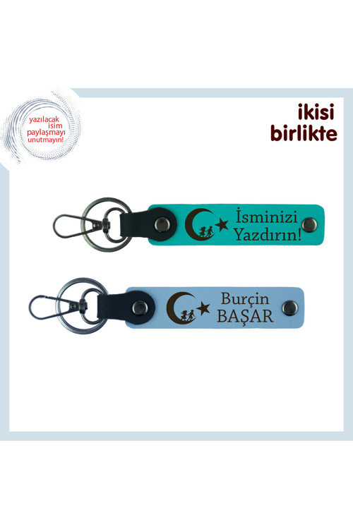 Çiftlere Anlamlı Hediye – Çocuk Ve Ayyıldız Ve İsimli 2’Li Anahtarlık Takımı, Koyu Turkuaz-Mavi