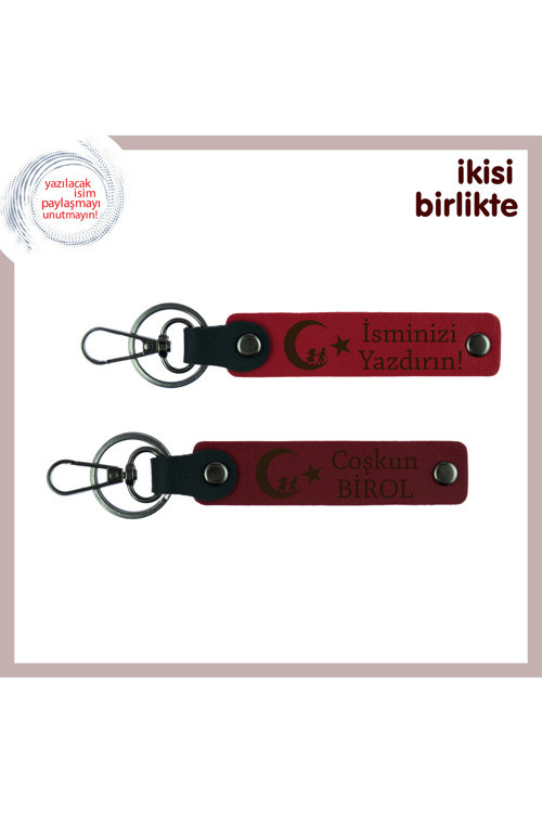 İsim Ve Soyisimli Çocuk Ve Ayyıldız Desenli Özel Tasarım Anahtarlık Hediye Set, Kırmızı-Bordo