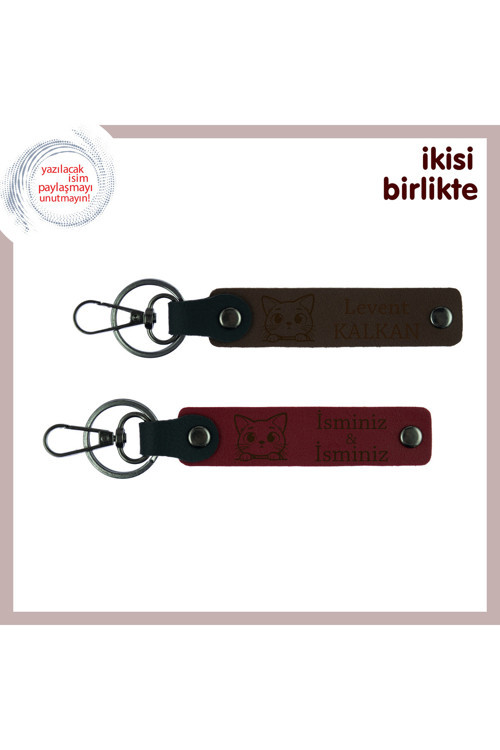 Kaybedilen Kediye Özlemle Hazırlanmış Hatıra, Patili Deri Anahtarlık X2, İsim Yazılı, K Kahve-Bordo