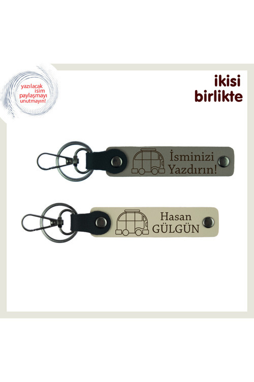 Karavanda Tanışanlara Özel Hediyelik, Kişisel Anahtarlık 2’Li Set, İsim Yazılı, Kül Gri-Sütlü Kahve
