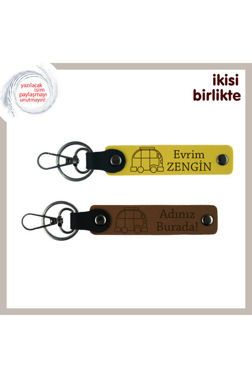 Kamp Rotalarına Eşlik Edecek Hediye Karavanlı Deri Anahtarlık X2’Li, İsim Yazılabilir, Sarı-A Kahve