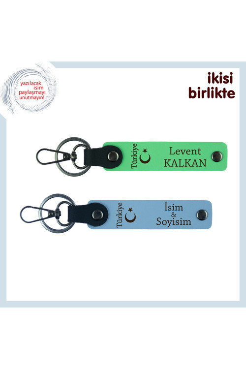 Sevgiline Anı – Ayyıldız Ve Türkiye Temalı, İsimli 2’Li Deri Anahtarlık Takımı, Fıstık Yeşil-Mavi