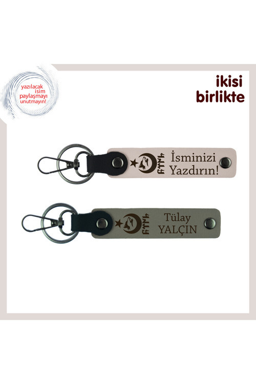 Evlilik Yıldönümü Anlamlı Hediye – Ayyıldız Kurt Göktürk Temalı Deri Anahtarlık Seti, Pudra-Kül Gri