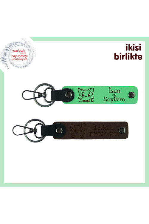 Kedi Sahiplenen Arkadaşa Sürpriz, Kedi Motifli Deri Anahtarlık 2’Li Set, Fıstık Yeşil-Koyu Kahve