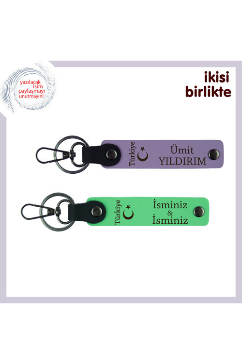 Vatan Temalı Kişiye Özel Anahtarlık X2 – Ayyıldız Ve Türkiye Hediye Takımı İsim Yazılı, Mor-Yeşil