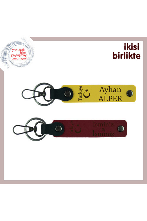Eşine Verilebilecek En Anlamlı Yıldönümü Armağanı Ayyıldız Türkiye – Deri Anahtarlık X2, Sarı-Bordo
