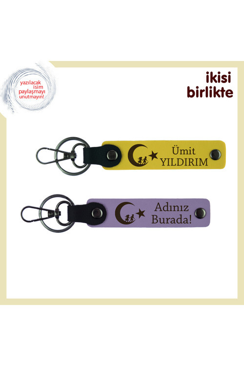Sevgiliye Vatan Temalı Kalpten Gelen Hediye – Çocuk Ve Ayyıldız Kişisel Anahtarlık Set, Sarı-Mor