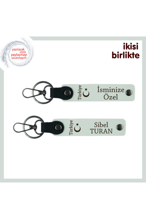 Kardeşe Kalıcı Hediye, Ayyıldız Ve Türkiye Yazılı İsim Soyisimli 2’Li Anahtarlık Set, Beyaz-Beyaz