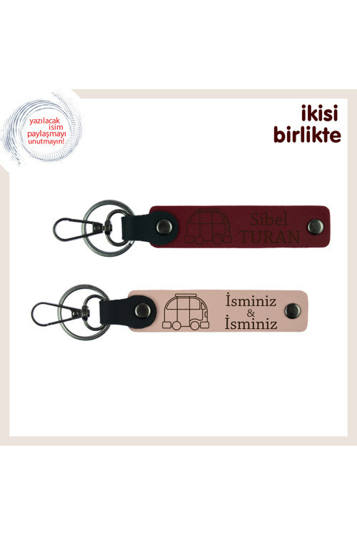 Sade Ve Anlamlı Bir Hediye, Karavan Temalı Kişisel Anahtarlık X2’Li, İsim Yazılı, Bordo-Yavru Ağzı