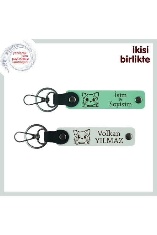 Kedilere Olan Sevgiyi Simgeler, Kişiye Özel İsimli Ve Patili Anahtarlık Takımı, Açık Yeşil-Beyaz
