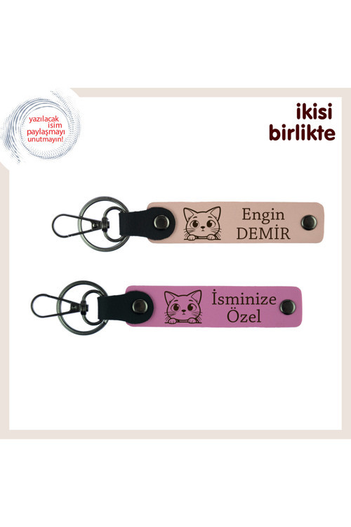 İki Kalp Ve Bir Patinin Ortak Hatırası, Kedi Motifli Deri Anahtarlık Seti, Yavru Ağzı-Pembe