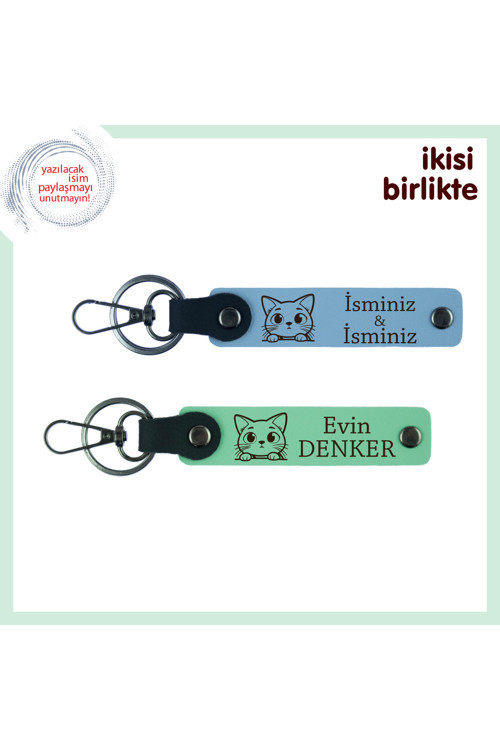 Minik Patili Aile Üyesine Özel Hediye, Kişiye Özel Kedili Anahtarlık Takımı, Gök Mavi-Açık Yeşil