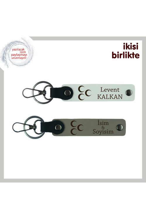 Üç Hilal Deri Anahtarlık Set – Doğum Gününe Özel İsim Yazılabilen Hediye, Beyaz-Kül Gri
