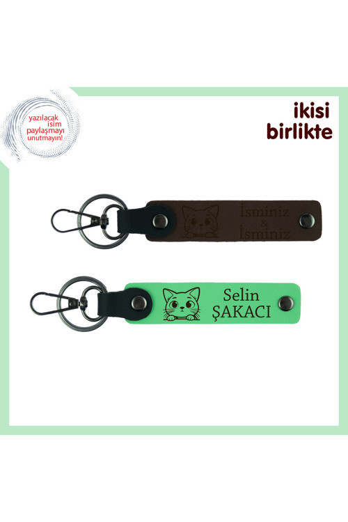 Patileriyle Evin Kalbine Dokunan Kediye, Kişisel İsimli Anahtarlık 2’Li Set, Koyu Kahve-Fıstık Yeşil