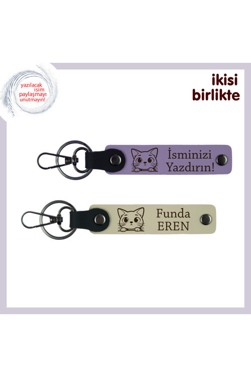 Minik Patili Sevimli Armağan, Kedi Temalı Kişisel Anahtarlık Takımı, İsim Yazılabilen, Mor - S Kahve