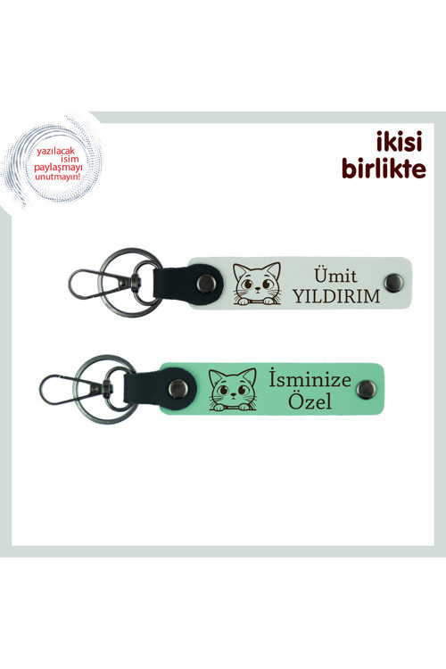 Kedi Adı Eklenebilir Hediyelik, İsimli Deri Anahtarlık Takımı X2, Beyaz-Açık Yeşil