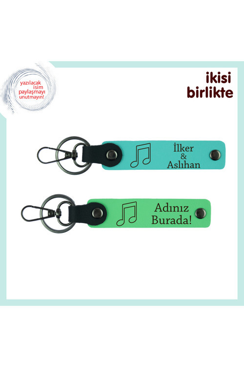 Romantik Ezgilere Özel Armağan, Kişiye Özel İsimli Nota Temalı Anahtarlık Seti, Turkuaz-Fıstık Yeşil