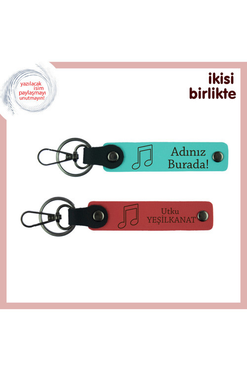 Melodiye Dönüşen Aşka Romantik Hatıra, Kişisel Deri Anahtarlık Takımı, Turkuaz-Nar Çiçeği