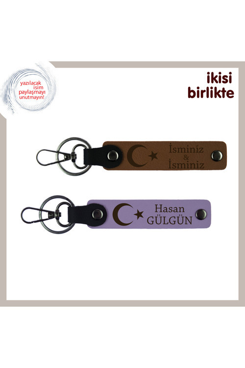 Kardeşe Özel Kalıcı Bir Hatıra, Ay Yıldız İsim Ve Soyadı Yazılı X2 Deri Anahtarlık, Açık Kahve-Mor