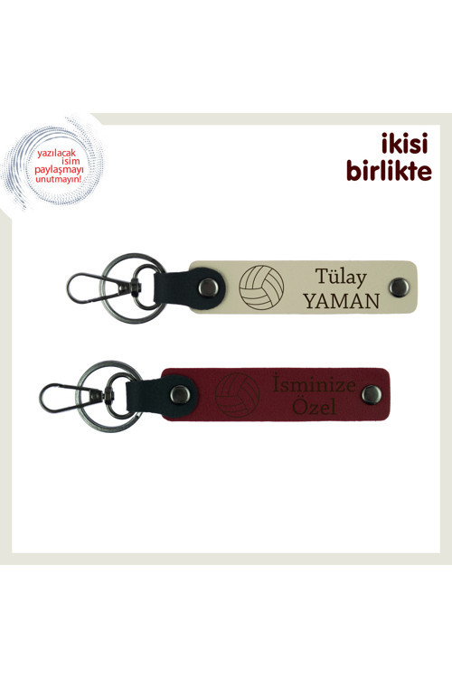 Küçük Sporcunun Hatırasına Özel, Voleybol Temalı Deri Anahtarlık Takımı, Sütlü Kahve-Bordo