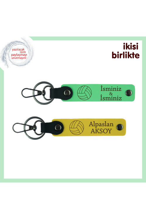Voleybolcu Arkadaşa Anlamlı Doğum Günü Hediyesi, Deri Anahtarlık Seti, İsim Yazılı, F Yeşil-Sarı
