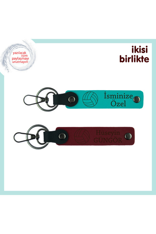 Voleybol Temalı Kişisel İsim Yazılabilen Deri Anahtarlık, 2’Li Hediyelik Set, Koyu Turkuaz-Bordo
