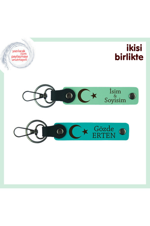 Arkadaşlık Bağına Özel Hatıra, Ay Yıldız Temalı İsimli 2’Li Anahtarlık Hediye, Açık Yeşil-Turkuaz