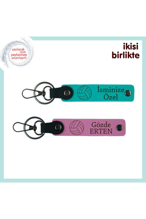 Yazılabilir İsimli Deri Voleybol Anahtarlık, 2’Li Set, Kişiselleştirilebilir, Koyu Turkuaz-Pembe
