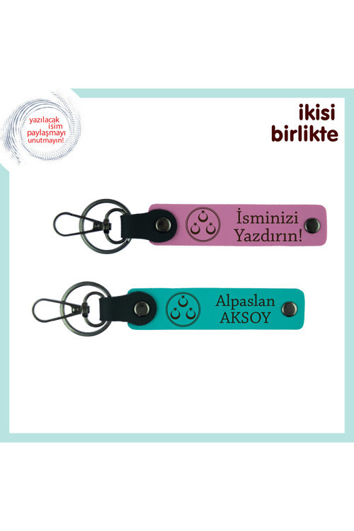 Eşin İçin Milli Ruhlu Hediye – Üç Ayyıldız Desenli Kişisel Anahtarlık Takımı, Pembe-Turkuaz