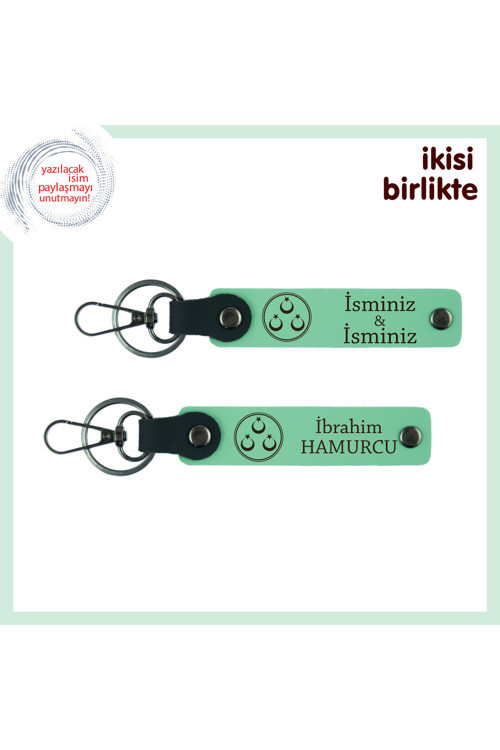En Yakın Arkadaşına Kalıcı Hatıra –Üç Ayyıldızlı, Çift İsimli 2 Anahtarlık Hediye, Açık Yeşil-Yeşil