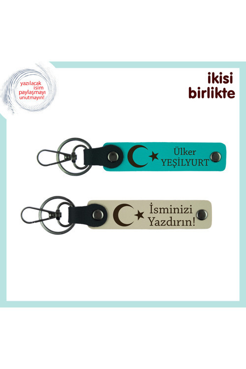 Kuzenine Ömürlük Bir Hatıra – Ay Yıldız Ve İsimli 2’Li Anahtarlık Takımı, Koyu Turkuaz-Sütlü Kahve
