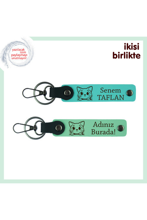 İlişkinizi Pekiştiren Patili Dosta Şık Hatıra, Kedi Temalı Anahtarlık X2, Turkuaz-Açık Yeşil
