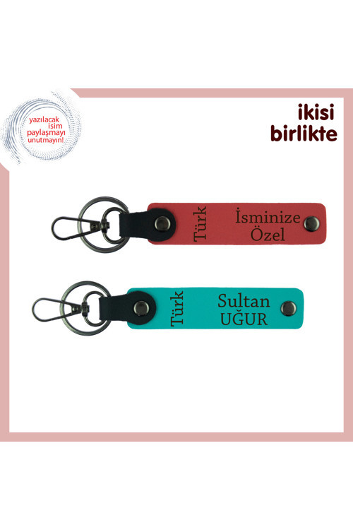 Milli Temalı Kalıcı Hediye, Türk Yazısı Desenli Kişisel Anahtarlık X2, Nar Çiçeği-Turkuaz