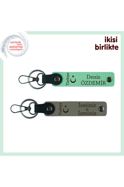 Kişiye Özel Hediye, Ayyıldız Ve Türkiye Desenli İsim & Soyisim Yazılı Anahtarlık, Açık Yeşil-Gri