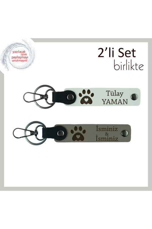 Minik Dostların Adını Taşıyan Kalpli Pati Tasarımı, 2’Li Deri Set, İsim Yazılabilir, Beyaz-Kül Gri