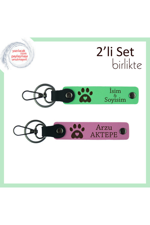 Köpek Sahibi Babaya Anlamlı Armağan, Kalpli Pati Motifli Deri Anahtarlık, Fıstık Yeşil-Pembe