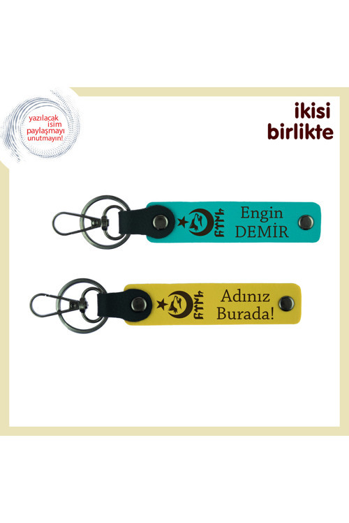 Ayyıldız Kurt Göktürk Desenli Hediyelik Ve Kişiye Özel 2' Li Anahtarlık Seti, Koyu Turkuaz-Sarı