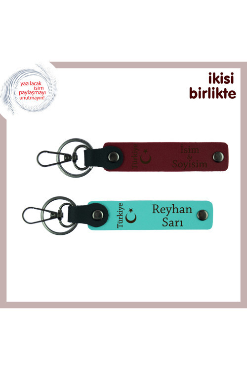 Ayyıldız Ve Türkiye Desenli Sevgiliye Hediye – Kişisel İsimli Anahtarlık Takım 2'Li, Bordo-Turkuaz